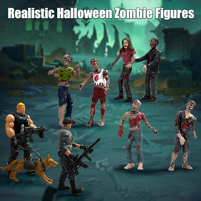 6 Army Men VS 6 Zombie Action Figures, Realistic Military Playset with Weapons 2 Dog Figures, Halloween for Boys 4-7 (14PCS)
