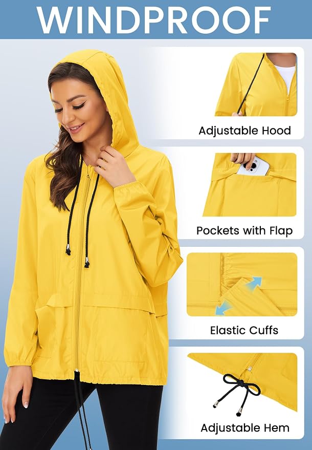 Zando Lightweight Rain Jacket Women Packable Waterproof Raincoat with Hood | Windbreaker Jacket Women, Light Raincoats for Drizzle, Rain Coats for Travel, Hiking and Commute