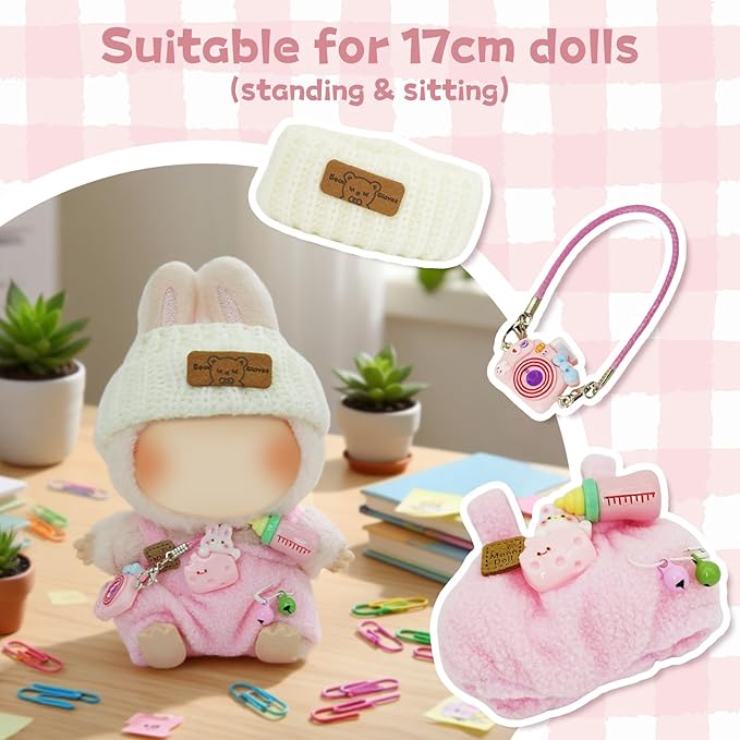 17cm Doll Clothes Set, 3-Piece Premium Velvet Outfit with Mix & Match Accessories, Easy-Dress Fashion for Collectible Display & Play (Doll Not Included, Pink)