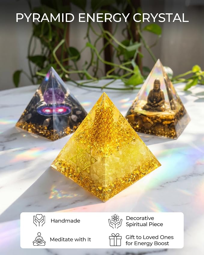 Healing Crystals Orgone Pyramid (Hexagram - Star of David) - Energy Generator for Positive Vibe, Stress Relief & Chakra Reiki Meditation - Spiritual Gift for Success, Wealth & Prosperity (Golden)