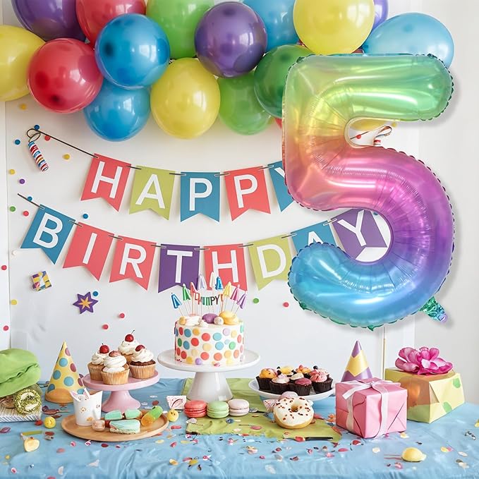 Big Number 5 Balloons, Rainbow Foil 5 Balloon Numbers 40 Inch, Giant 5th Birthday Party Decor, Mylar Helium Self Inflating Colorful Multicolor Jelly Balloon for Kids Birthday Anniversary Decorations