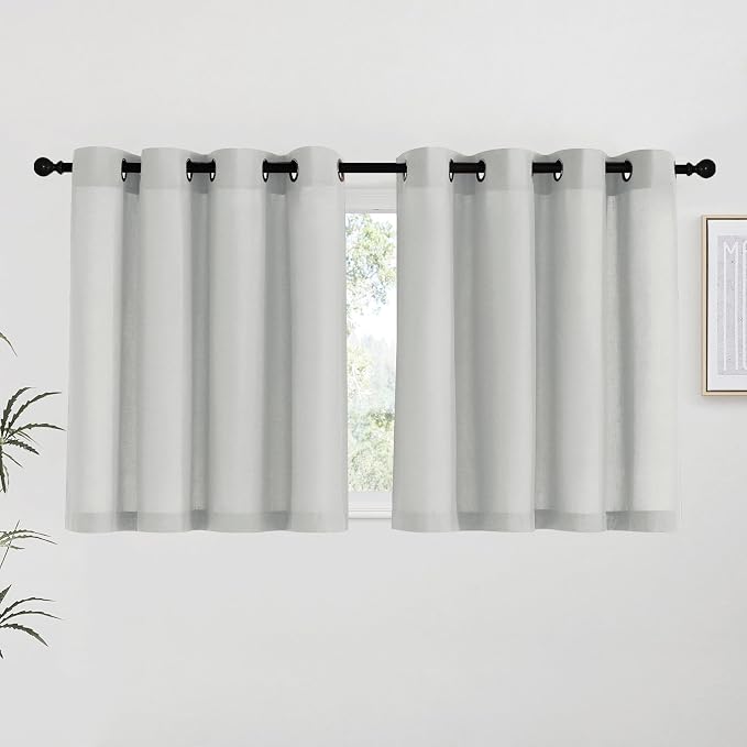 NICETOWN Gray Linen Kitchen Curtains 36 inch Length, Decorative Thick Flax Small Window Treatments Privacy Assured with Light Filtering for Bedroom/Bathroom, W55 x L36, 2 Panels