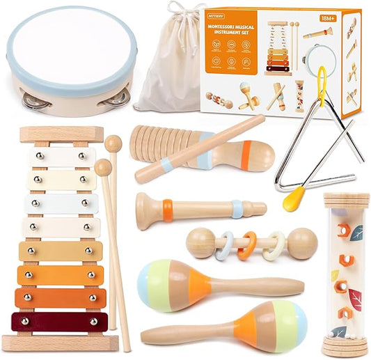 Toddler Musical Instruments Sets, Montessori Wooden Percussion Educational Baby Musical Toys Xylophone Maracas Tambourine for 2 3 4 Year Old, 18 Months Gifts for Baby Boys Girls Kids