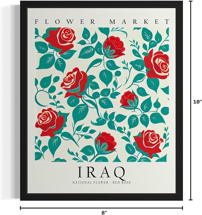 Iraq, Red Rose Art Print Poster, Flower Market Wall Art, Floral Artwork Decor for Bedroom, Kitchen, Bathroom, Livingroom Decoration 52 (Iraq, Red Rose, 10"L x 8"W, Unframed)