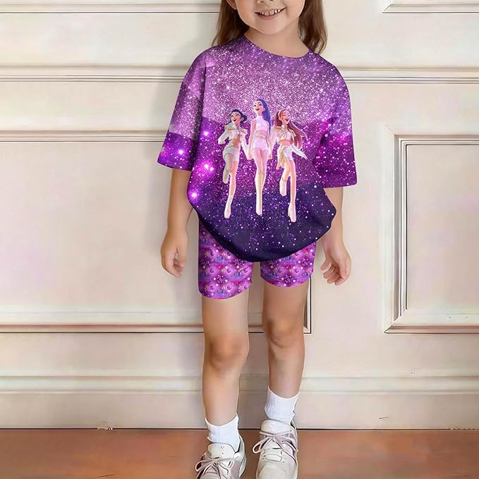 K-POP DEM0N Hunters Outfits for Girls, 2 Piece T-Shirts and Apparel Sets Birthday Gift