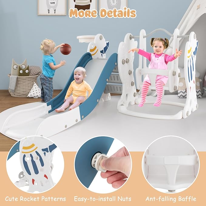 Costzon 4 in 1 Toddler Slide and Swing Set, Rocket Indoor Outdoor Baby Swing w/Slide, Swing, Climber, Basketball Hoop and Ball, Kids Climber Playground Playset for Boys Girls Gifts Presents