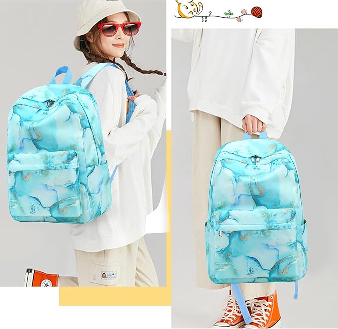 Bluboon Teen Girls School Backpack Kids Bookbag Set with Lunch Box Pencil Case Travel Laptop Backpack Casual Daypacks (Marble Gold blue)
