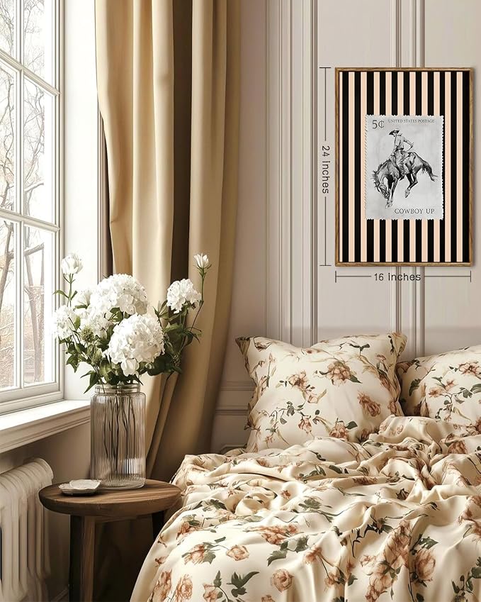 ZZLWBKGL Western Wall Decor Cowboy Canvas Art Vintage Framed Wall Art | Farmhouse Striped Artwork Retro Country West Stamp Picture Bucking Bronco Paintings for Living Room Bedroom 16x24in