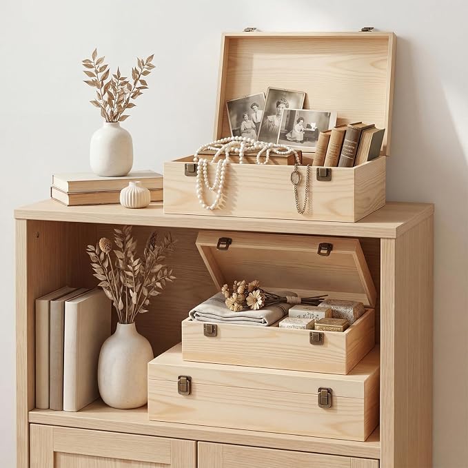 Sliner 3 Pcs Wooden Decorative Storage Boxes with Lids Vintage Wood Organizer Bins for Your Bookshelf Home Decor Safely Store Photos Documents Memory Jewelry Craft Storage (Natural Wood,S M L Size)