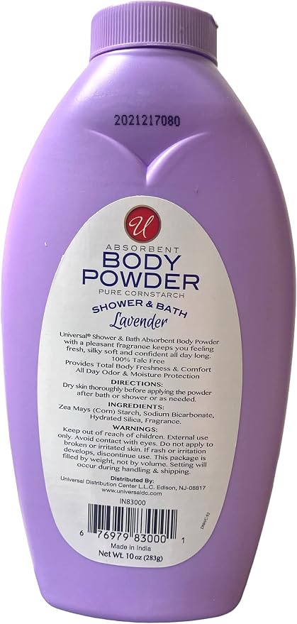 Absorbent Body Powder Pure Cornstarch Lavender Shower & Bath 10 oz. (2 Pack)