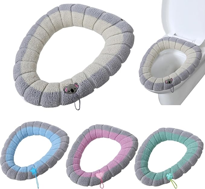 Toilet Seat Covers 4Pcs Soft Toilet Seat Warmer Cushion with Handle Winter Thick Stretchable Washable Bathroom Cushion Fits All Oval Seats Style 1, Xmas Decor