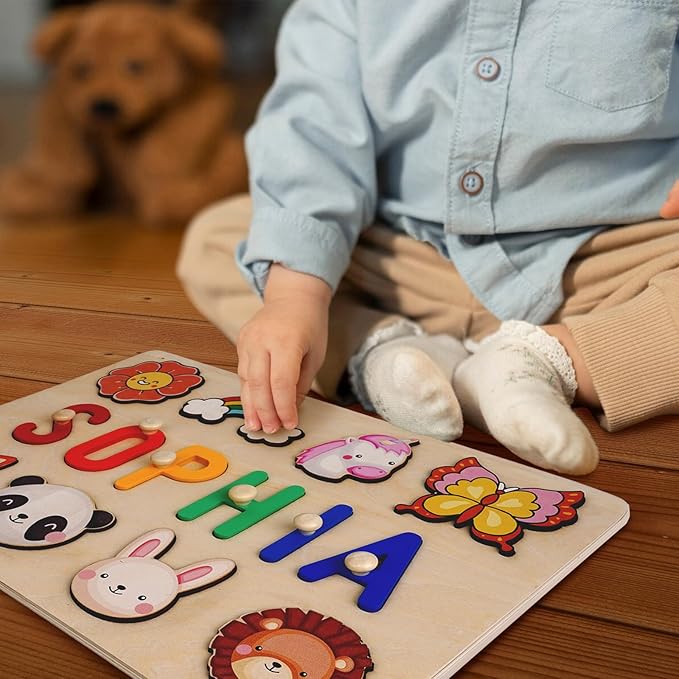 Personalized Name Puzzle for Kids, Custom Easter Basket Stuffers for Toddler Girls Boy, Early Learning Toys for Baby Boy & Girl 1 Year Old Nursery Gifts - Easter Gifts Wooden Puzzles for Toddler