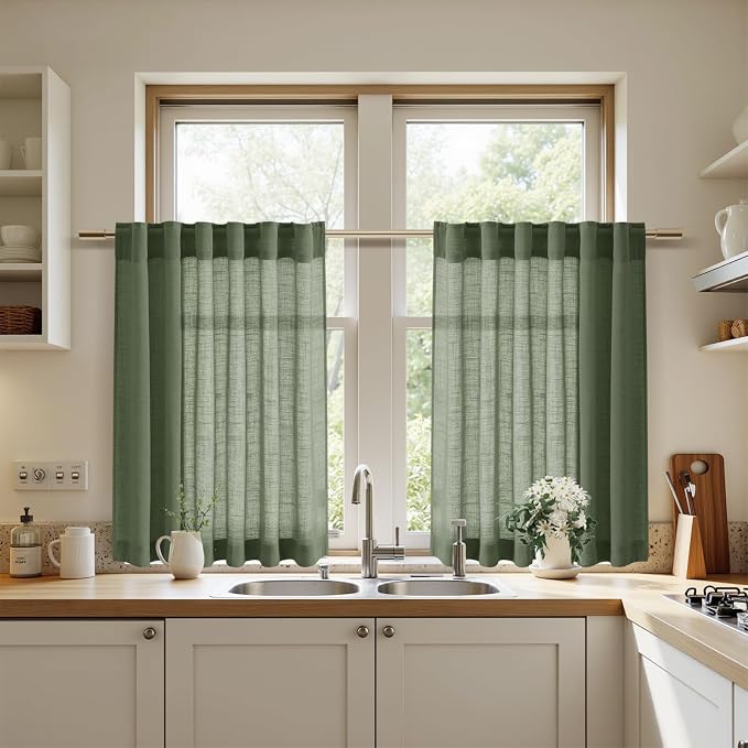 Nanspring Short Linen Curtains 36 Inch Length for Kitchen Windows Over Sink Olive Green Light Filtering Back Tab and Rod Pocket Neutral Curtains for Cafe Basement 30 x 36 Inch,2 Panels