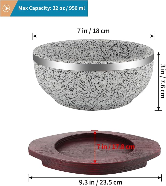 2 Pack Granite Stone Bowl 32 oz, Dolsot Pot with Wood Base for Cooking and Serving Korean Bibimbap, Soup, Rice, Ramen, Stew