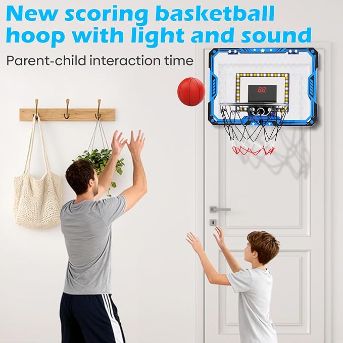 Indoor Basketball Hoop for Kids, Over The Door Mini Basketball Hoop Set with LED Lights, Scoreboard, 4 Balls & Sound Effects - Indoor Toys Gift for Boys & Girls Ages 3-12 for Birthday & Christmas
