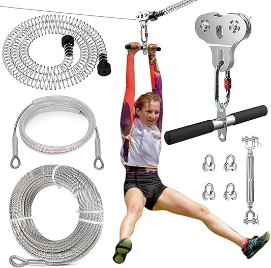 Zip Lines for Kids and Adults Outdoor Up to 500 Lbs, 304 Stainless Steel 180FT Zipline Kits for Backyard with Thickened 1/4" Wire Rope, Removable Pulley, Outdoor Playground Equipment