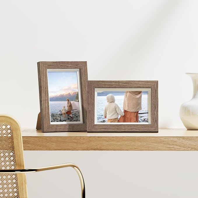 Vittanly 4x6 Picture Frames Set of 9 for Wall Mount or Tabletop, Dark Oak | Display Pictures 3.5x5 with Mat or 4x6 without Mat, Small Photo Frames, Engineered Wood with Shatter Resistant Plexiglass