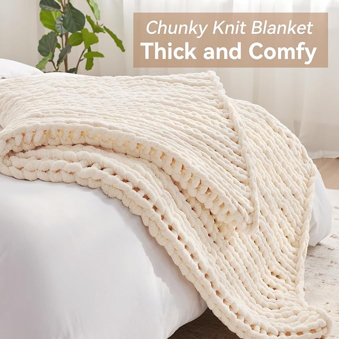 Negwoo Chunky Knit Throw Blanket, Knitted Throw Chenille Yarn, 30"*40" | Soft Thick Cable Knitted Blankets, Handmade Big Thick Blanket, Machine Washable Cute Comfy Blanket for Home Decor,Cream White