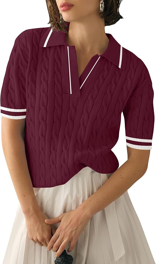 Micoson Womens Short Sleeve Sweater Tops Lapel V Neck Polo Shirts 2026 | Summer Cable Knit Loose Blouses, Business Casual Outfits
