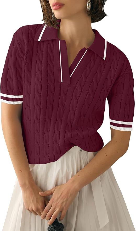 Micoson Womens Short Sleeve Sweater Tops Lapel V Neck Polo Shirts 2026 | Summer Cable Knit Loose Blouses, Business Casual Outfits