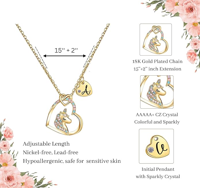 Valentines Day Gifts for Kids Girls - Unicorn Necklace for Girls with Initial Heart Pendant & Gift Box, 18K Gold Fashion Kids Jewelry, Colorful Heart Necklace for Birthdays & Costume Parties.