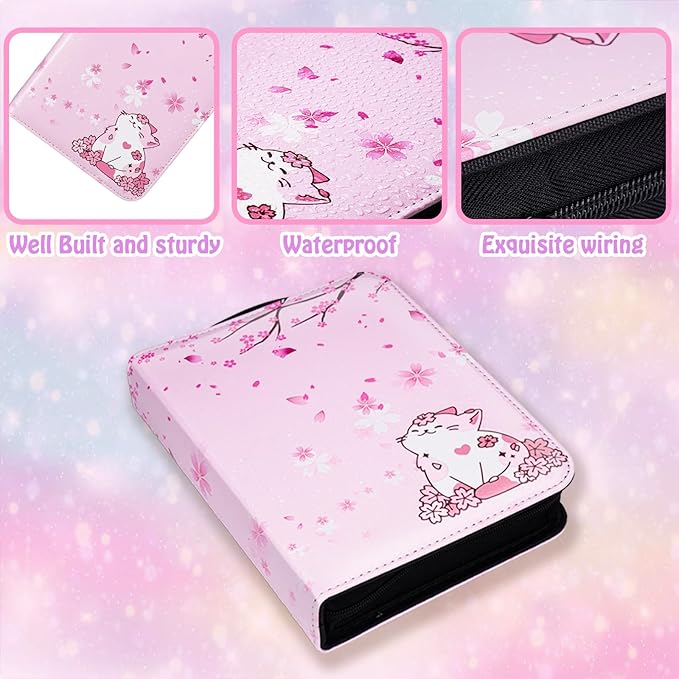 CLOKORIA Card Binder for Girls Gifts,440 Cards Collectible Trading Card Holder Case with 55 Sleeves, 4 Pocket for TCG Game Cards Collection Sports Trading Cards Collector Album (Sakura cat)
