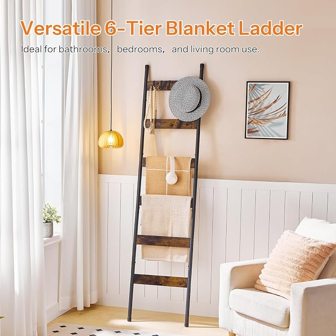 HOOBRO Blanket Ladder, 6-Tier Towel Rack with Hooks, Wall-Leaning Blanket Rack, Decorative Display Ladder Shelf, Scarves, Industrial, Living Room, Bedroom, Rustic Brown and Black BF66CJ01