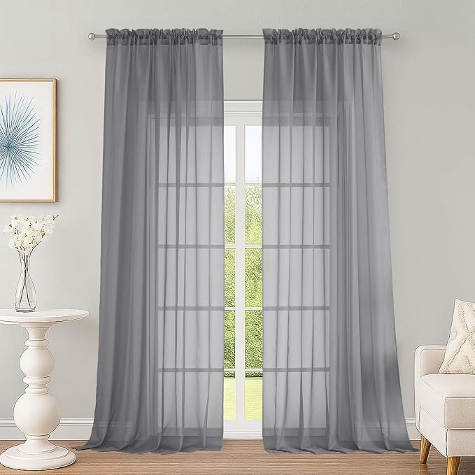 OWENIE Extra Long Grey Sheer Curtains 96 Inches Long 2 Panels Set, Soft Lightweight Airy Voile Sheer Curtain for Bedroom Living Room, Rod Pocket Solid Color Farmhouse Curtains, 59" Wx96 L Inch