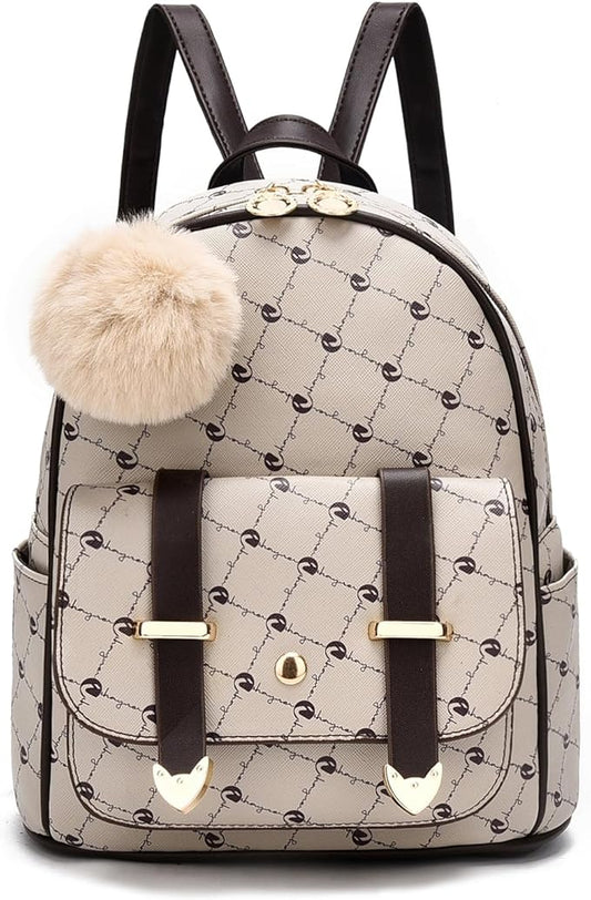 I IHAYNER Girls Fashion Backpack Mini Backpack Purse for Women Teenage Girls Purses PU Leather Pompom Backpack Shoulder Bag