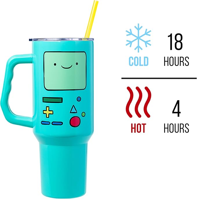 Silver Buffalo Adventure Time Featuring BMO Double Walled Stainless Steel Tumbler with Handle and Straw, Fits in Standard Cup Holder, 40 Ounces