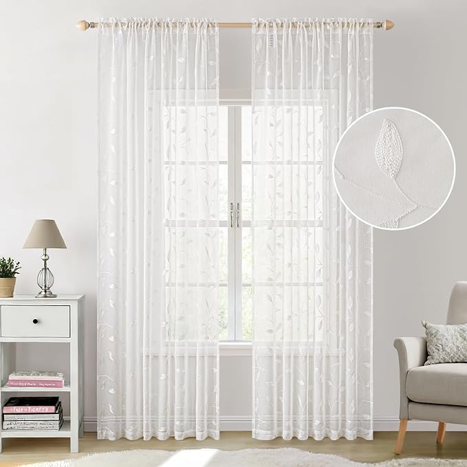 MIULEE White Sheer Curtains 2 Panels Embroidered Leaf Patterned Rod Pocket Floral Semi Sheer Faux Linen Window Curtains Drapes Set for Living Room Bedroom Dining Room, 52x96 Inches Long
