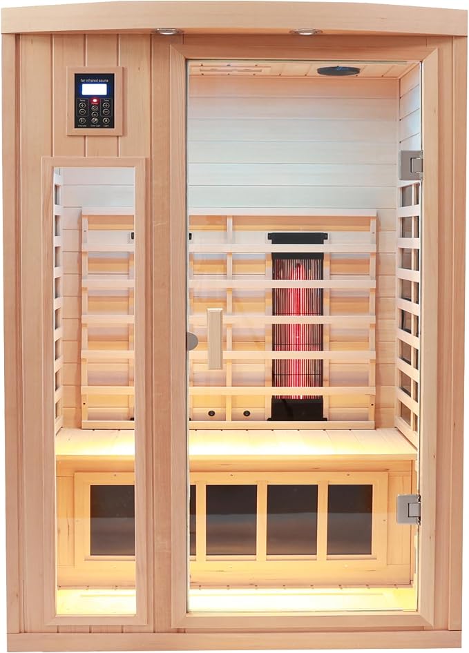 Ceramic 2 Person Infrared Sauna, Far Infrared Sauna for Home, Hemlock Wood Saunas Room, 2 in 1 Indoor Sauna with Low EMF Heaters + Ceramic Heating Cubes-Chromotherapy-Bluetooth Speaker