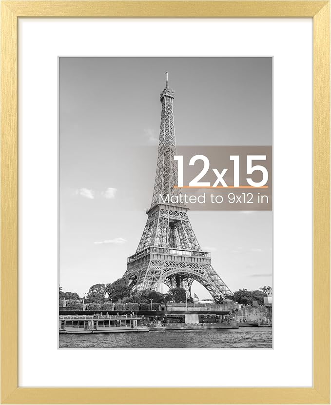 upsimples 12 x 15 Frame, Display Pictures 9x12 with Mat or 12x15 Without, Wall Hanging Photo Frame, Gold, 1 Pack