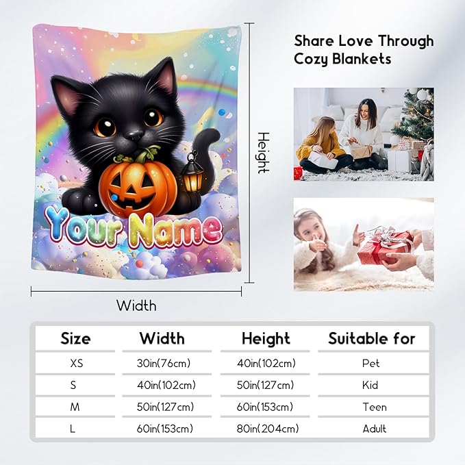 Girls Blankets Personalized 4 Sizes Cozy Soft Flannel Cat Throw for Couch, Bedroom