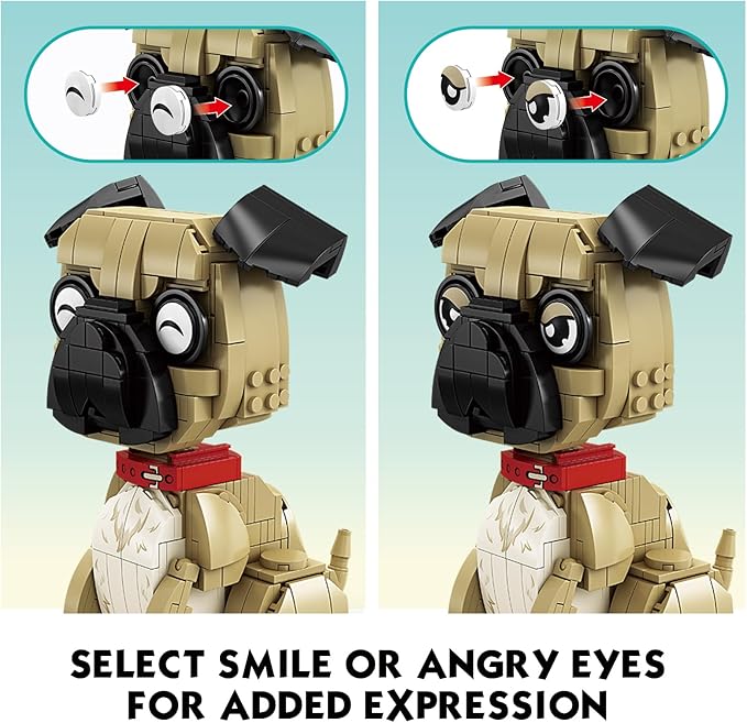 KAZI Ideas Pug Dog Building Toy Sets for Kids Ages 8+, Adorable Dogs Figures with Replaceable Eyes Accessories,Gifts for Dog Lovers,Puppy Model for Boys & Girls Who Love Animals,Party Favors