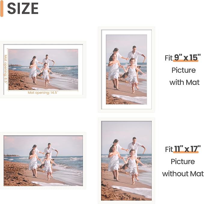 upsimples 11x17 Picture Frame, Display Pictures 9x15 with Mat or 11 x 17 Without, Wall Hanging Poster Frames, White, 1 Pack