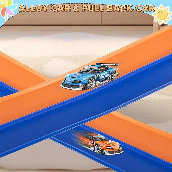 Flex Tracks 15 Ft for Kids Starter Set, Flexible Race Car Ramp Track with Suction Cups Compatible with Hot Wheels and Diecast 1/64th Cars for Ages 3 & Up(Blue & Orange)