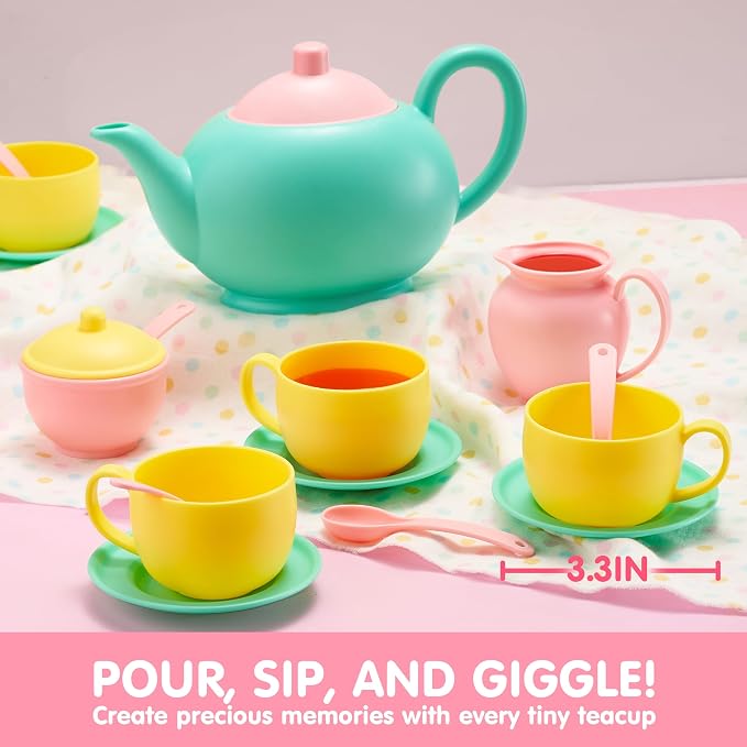 JOYIN 18PCS Pretend Tea Party Set Play Food Accessories BPA Free, Phthalates Free, Plastic Tea Set, Mini Kitchen for Kids, Gifts for Toddler Boys Girls, Easter Birthday Gifts