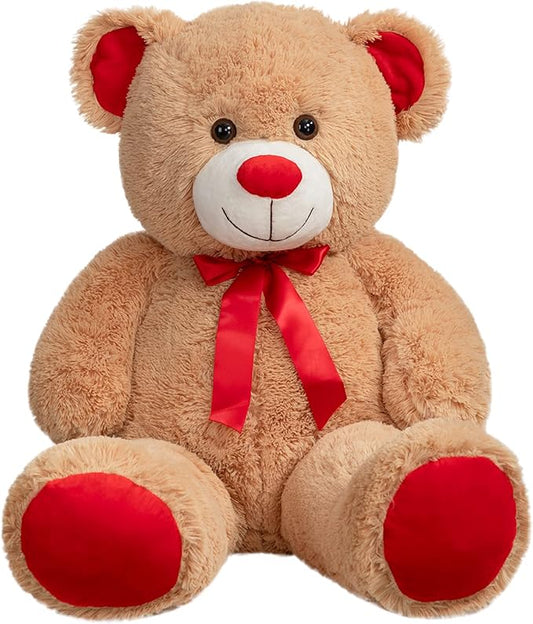 Big Teddy Bear Stuffed Animal Giant Teddy Bear Plush with Red Ribbon Bow Plush Toy Gift for Girlfriend Birde 36 inch Tan