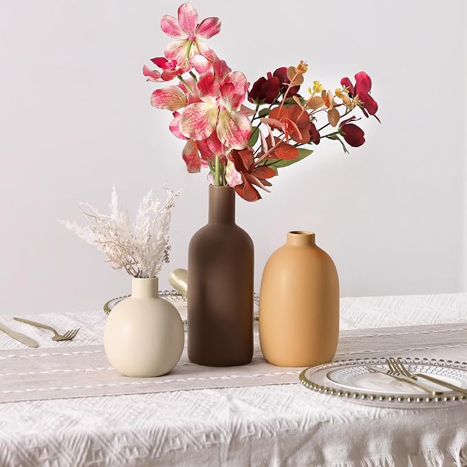 Large Ceramic Vase Set of 3, Brown Rustic Vases Home Decor Waterproof | Farmhouse Vases for Pampas Grass & Dried Flowers and Table Living Room Home Decor