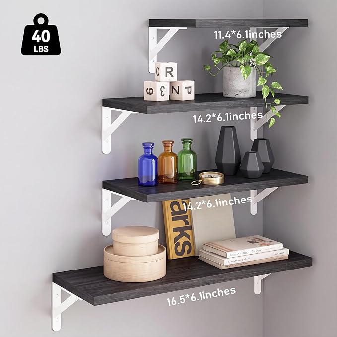 YGEOMER Floating Shelves for Wall, Different Sizes Black Wall Shelves for Living Room, Bathroom, Bedroom, Kitchen, Home Decor (Set of 4)