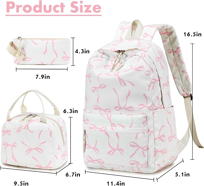 Bluboon Teen Girls School Backpack Kids Bookbag Set with Lunch Box Pencil Case Travel Laptop Backpack Casual Daypacks (Pink bow beige background)