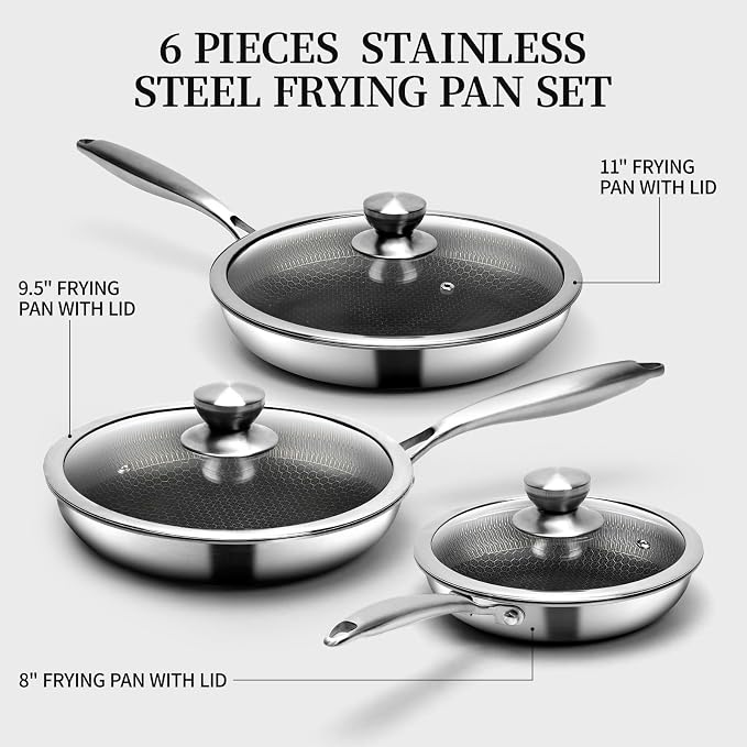 6 Pieces Stainless Steel Frying Pan Set with Lids(8"+9.5"+11") | Honeycomb Nonstick Frying Pan Set, Induction & Oven Safe, Stay-Cool Handles, Compatible with All Cooktops, PFOA Free