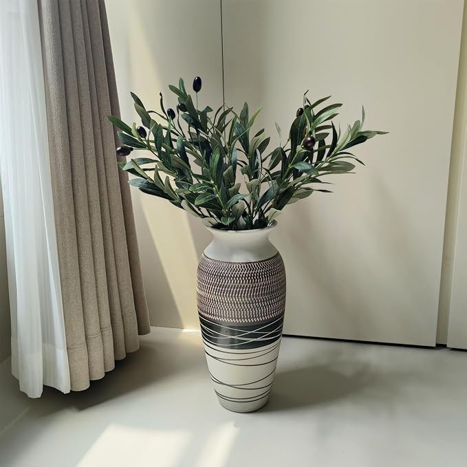 12.6" Tall Vintage Ceramic Rustic Farmhouse Vase (Half Skipcut Brown) | Large Boho Textured Flower Vases for Home Decor, Living Room, Table, Mantel, Shelf