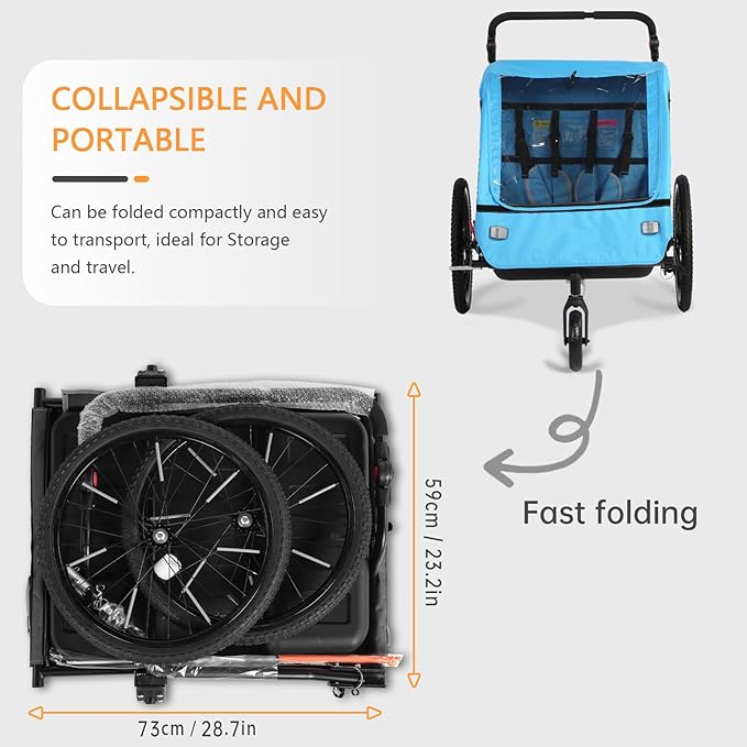 Sepnine 2-in-1 Kids Bike Trailer and Stroller with Suspension – Bike Trailer for 1 to 2 Children, Jogging Function, Foldable, 5-Point Harness, Spacious Storage, with Bug Screen and Weather Shield