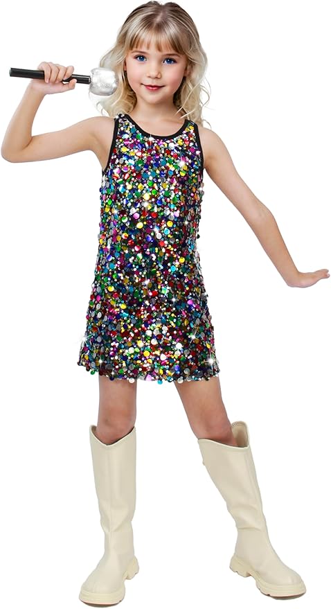 Girls Sequin Dress Sparkly Sleeveless Costume Prom Concert Party Outfit with Glitter Microphone Prop