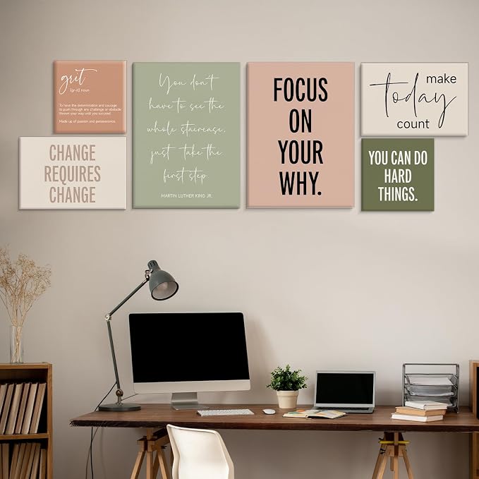Framed Motivational Office Wall Decor, Set of 6 Boho Inspirational Canvas Wall Art Office Decorations for Work, Positive Affirmations Quotes Posters for Workout Room Home Bedroom
