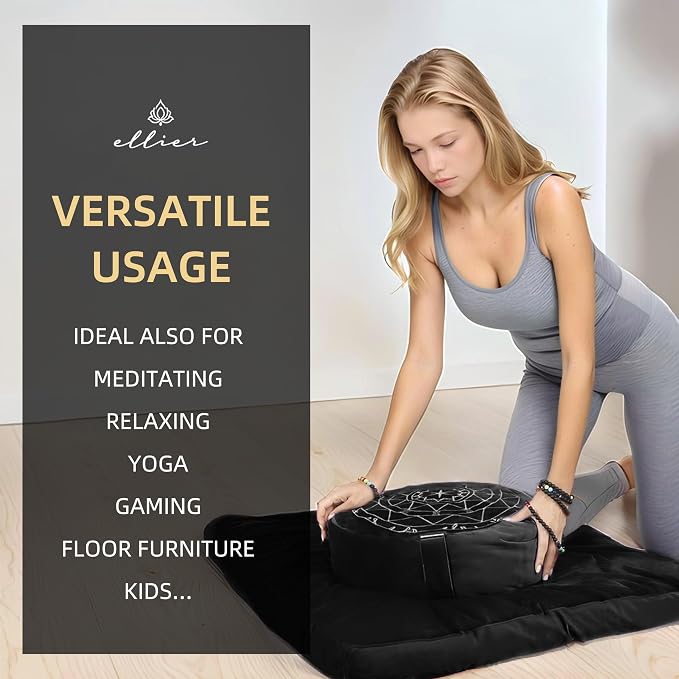 Zafu & Zabuton Meditation Cushion Set - Buckwheat Hull & Memory Foam Pillows, Ergonomic Support for Yoga, Mindfulness - Organic Velvet Cover, Large Size, Durable Comfort (Black)