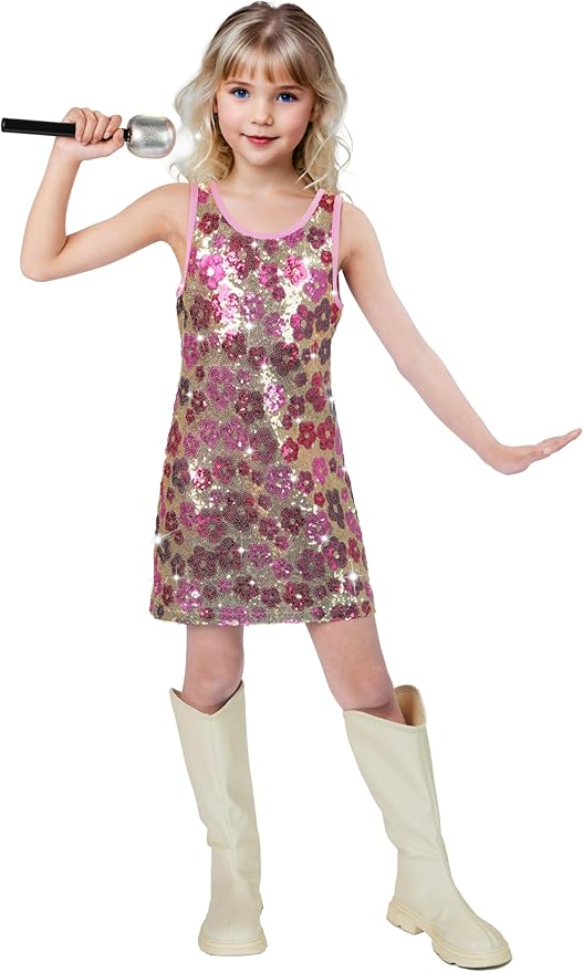 Girls Sequin Dress Sparkly Sleeveless Costume Prom Concert Party Outfit with Glitter Microphone Prop