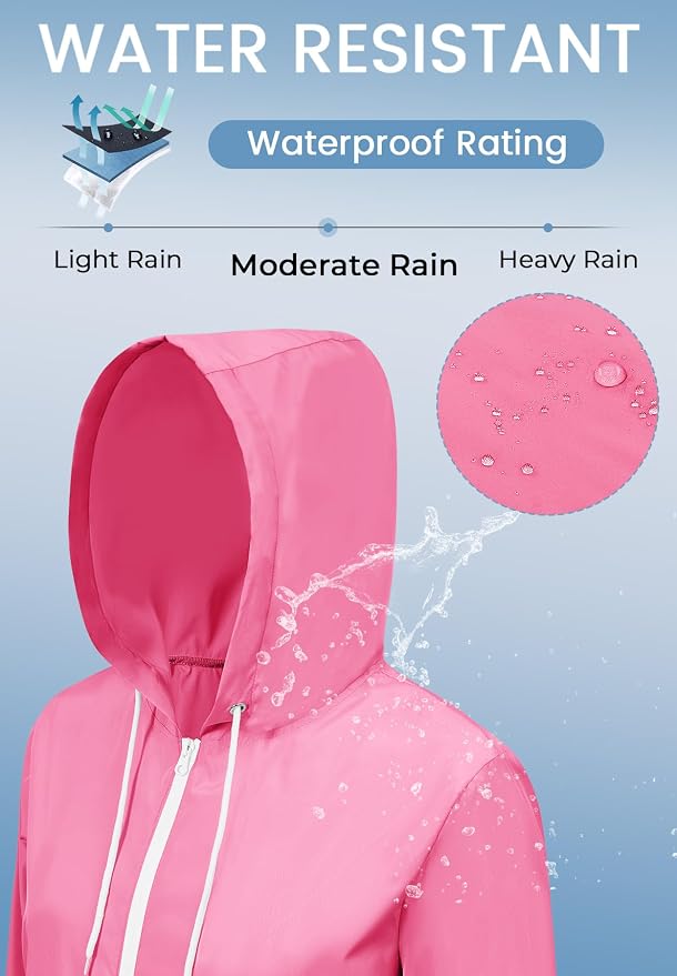 Zando Lightweight Rain Jacket Women Packable Waterproof Raincoat with Hood | Windbreaker Jacket Women, Light Raincoats for Drizzle, Rain Coats for Travel, Hiking and Commute